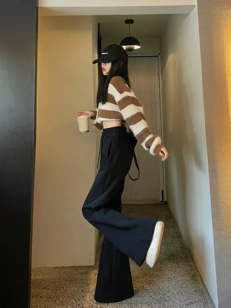 Girlary Korean Style Grey Brushed Pants Women Gyaru Kpop Wide Leg Flared Sweatpants Y2k American Retro Oversize Jogger Trousers