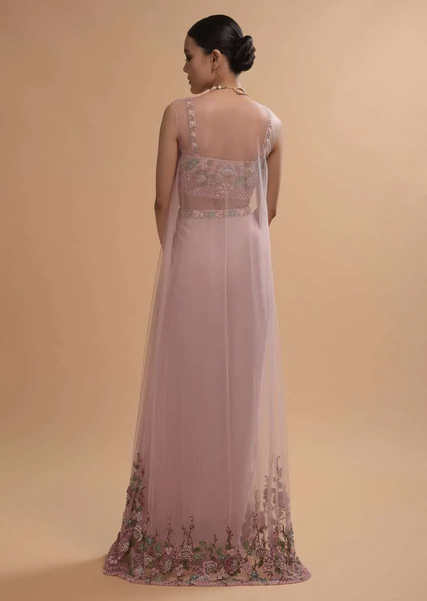 Icy Pink Draped Skirt And Crop Top Set With Long Jacket And 3D Flower Embroidery