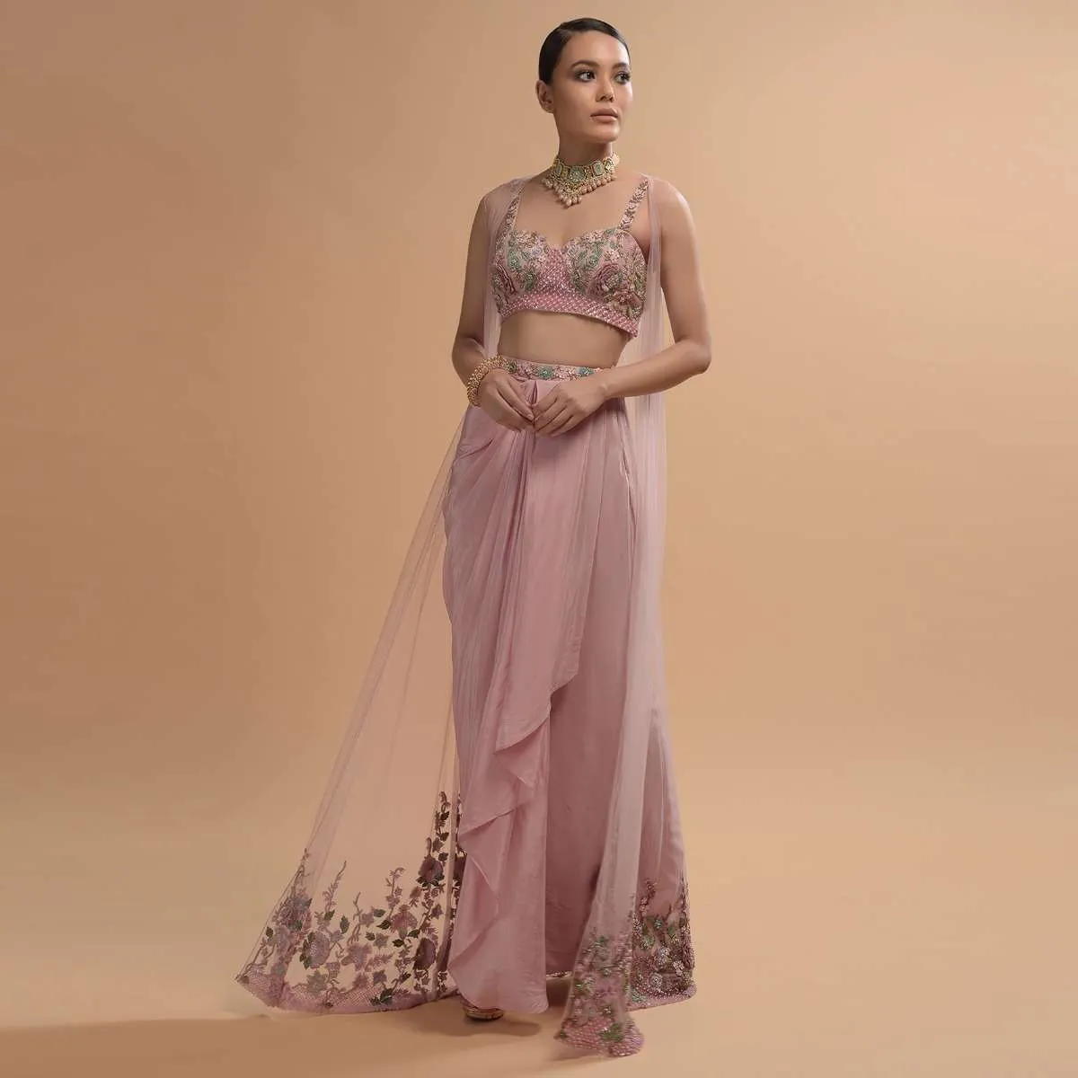 Icy Pink Draped Skirt And Crop Top Set With Long Jacket And 3D Flower Embroidery