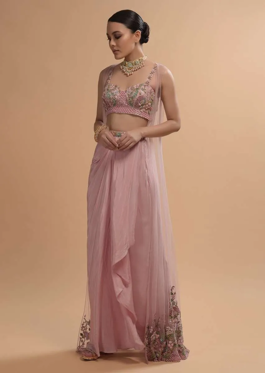Icy Pink Draped Skirt And Crop Top Set With Long Jacket And 3D Flower Embroidery