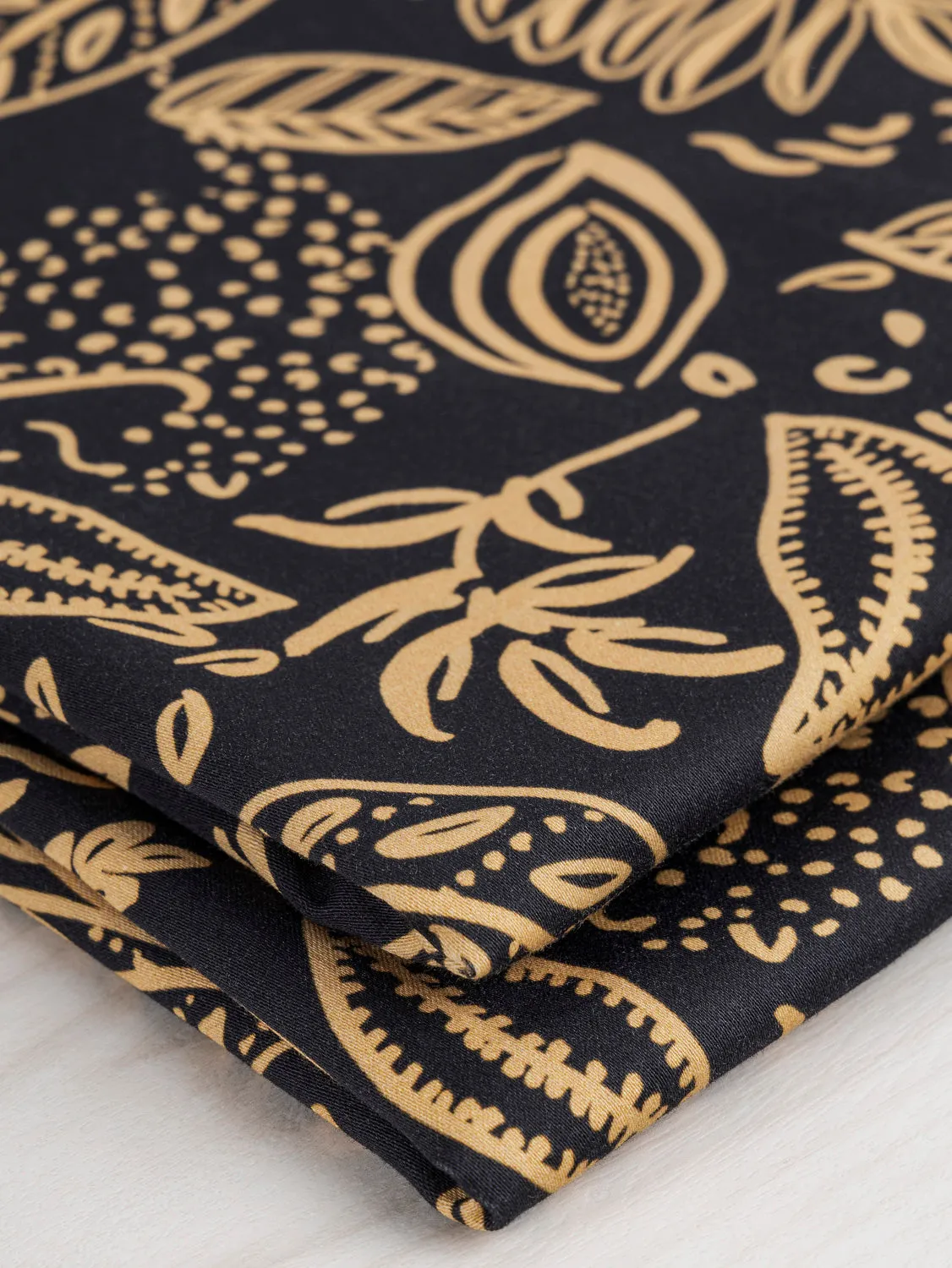 Illustrated Botanical Print Stretch Cotton Sateen - Black   Gold - Swatch