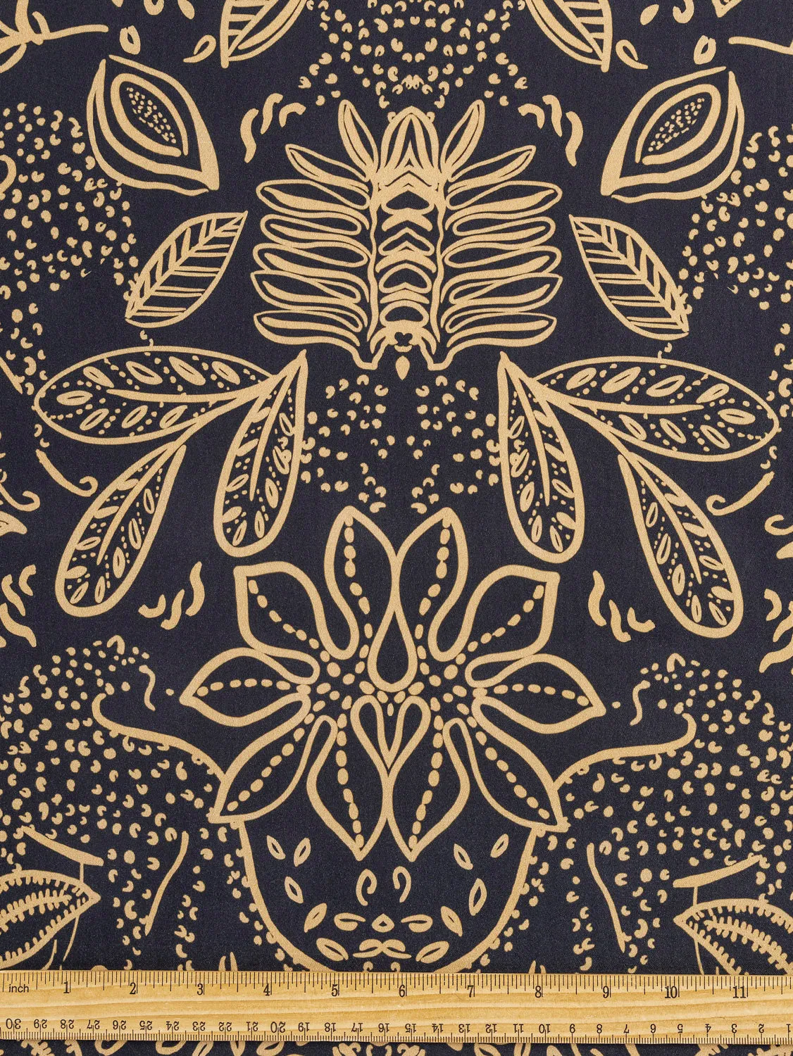 Illustrated Botanical Print Stretch Cotton Sateen - Black   Gold - Swatch