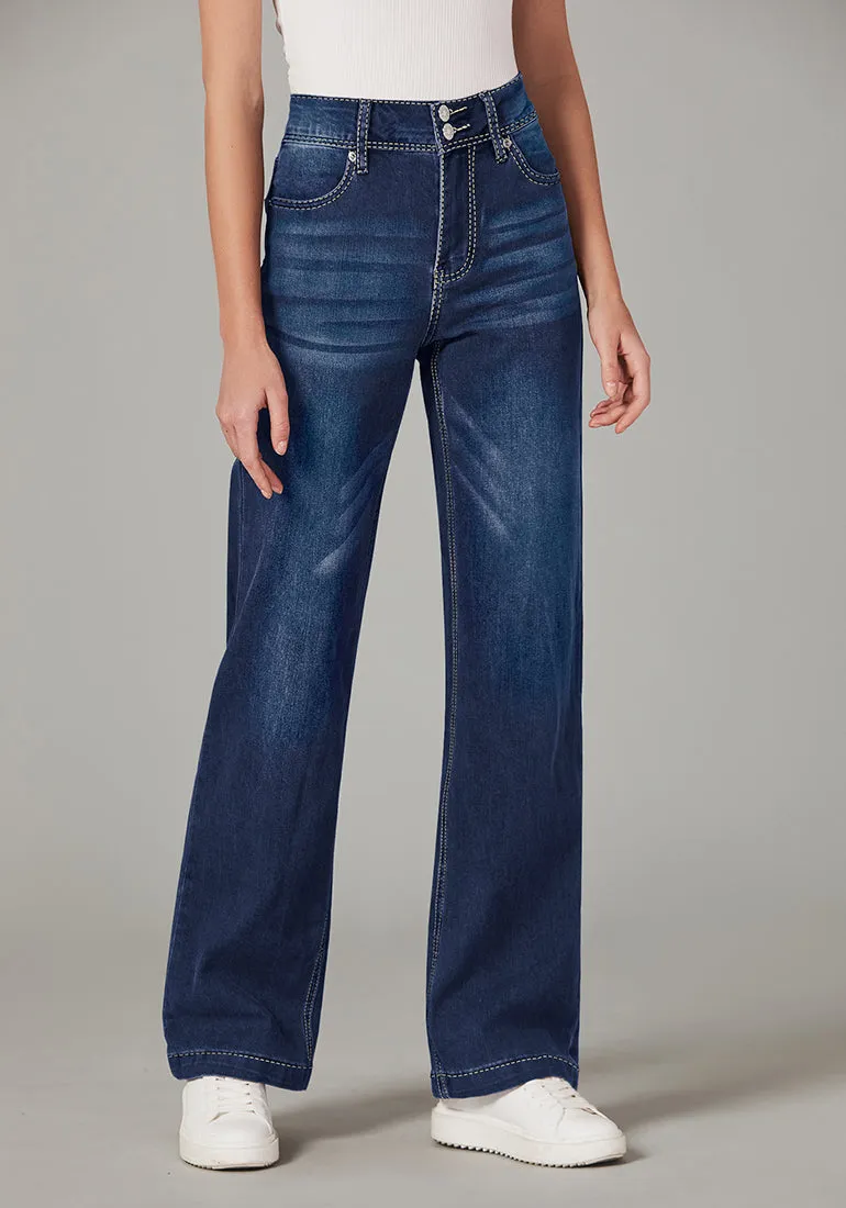 Indigo Skyblue Women's Flare Full Length High Rise Denim Relaxed Fit Wide Leg Jeans