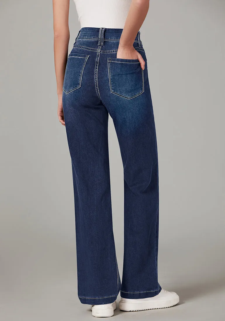 Indigo Skyblue Women's Flare Full Length High Rise Denim Relaxed Fit Wide Leg Jeans
