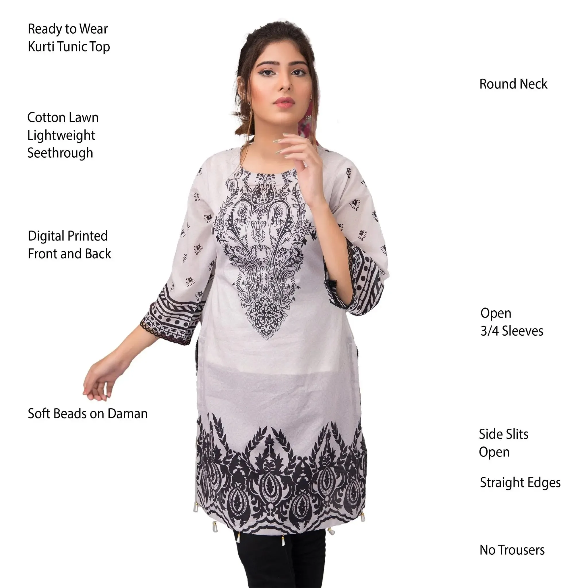 IshDeena Pakistani Kurtis for women Indian Style Cotton Tunics Womens Tops Printed B&W