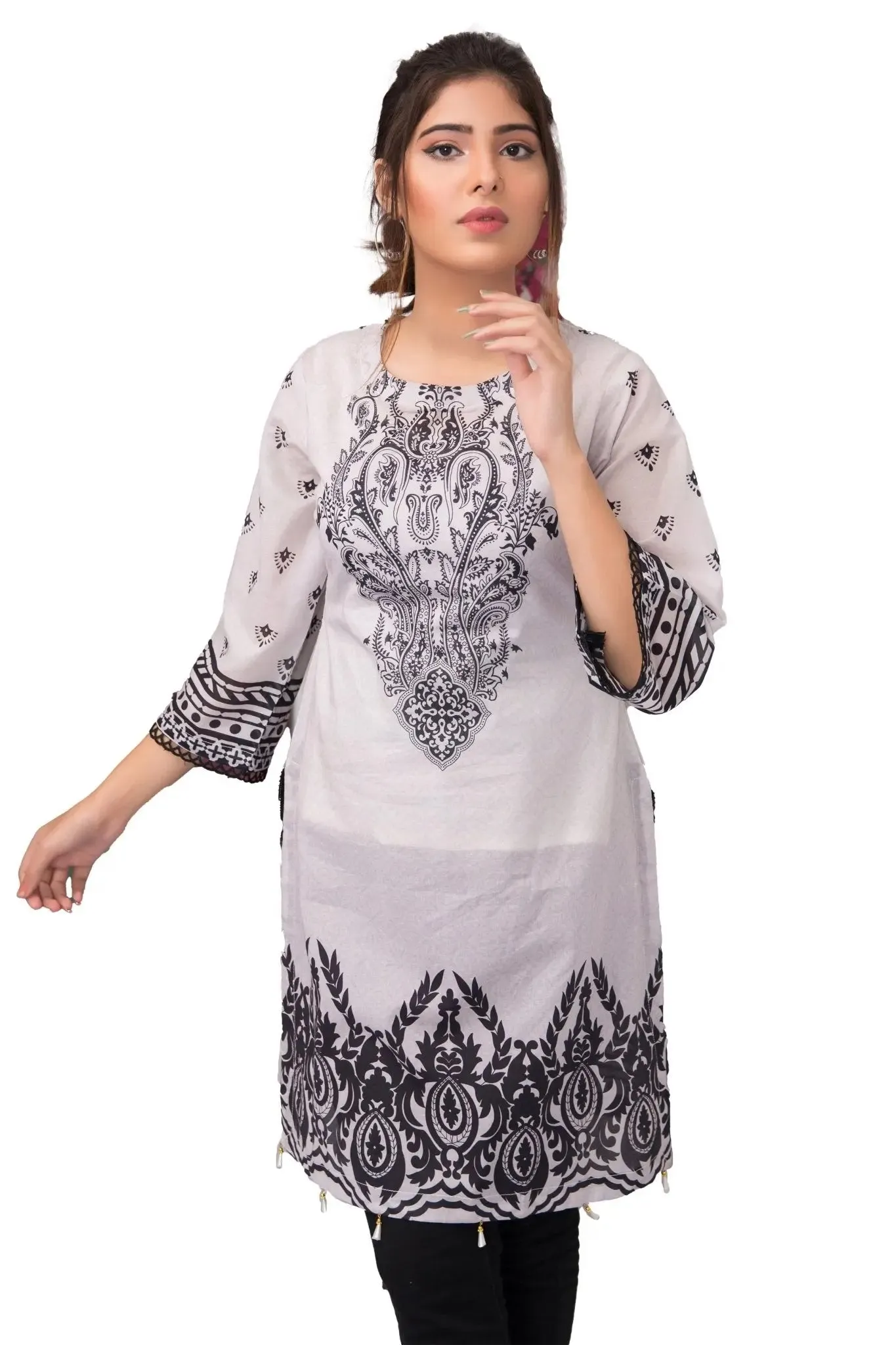 IshDeena Pakistani Kurtis for women Indian Style Cotton Tunics Womens Tops Printed B&W