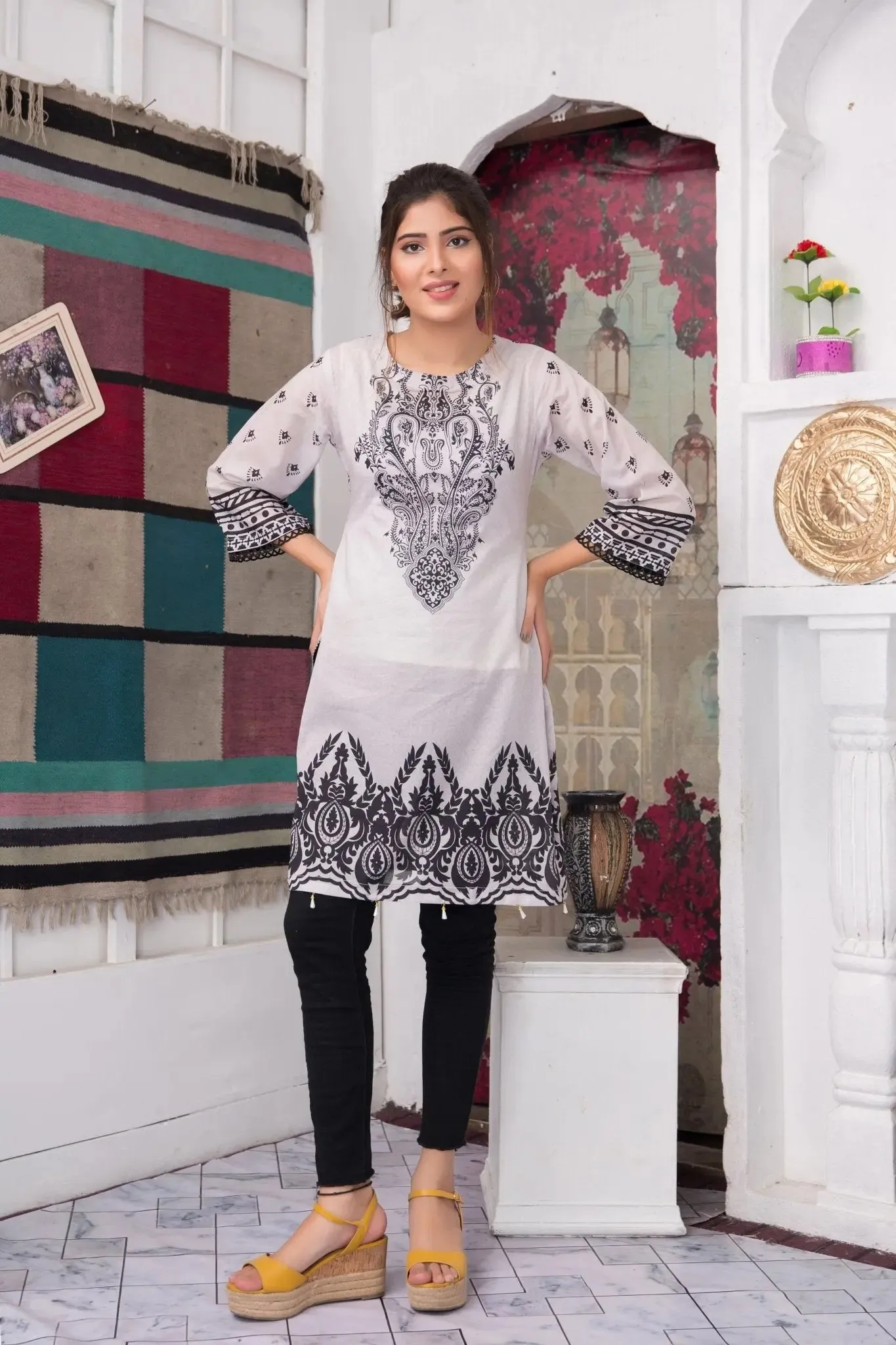 IshDeena Pakistani Kurtis for women Indian Style Cotton Tunics Womens Tops Printed B&W