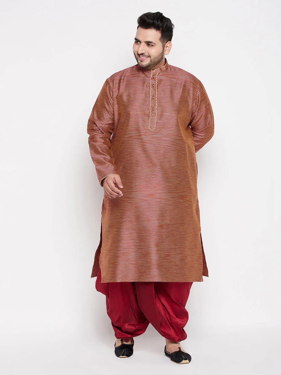 Jashvi Men's Plus Size Maroon Woven Kurta And Maroon Dhoti Set