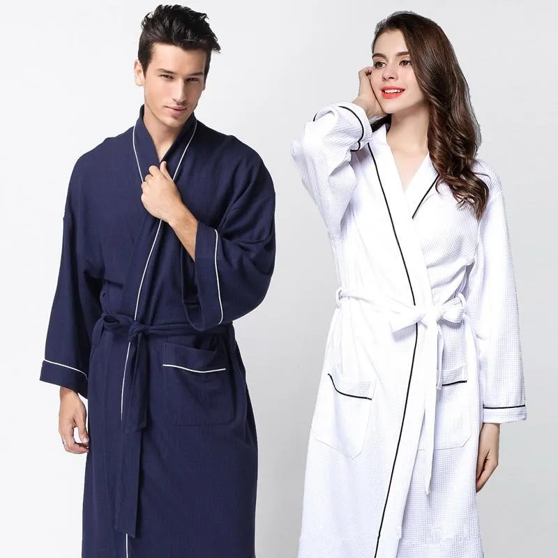 Mens Cotton Thin Waffle Bathrobe Sleepwear Hotel Bath robe Towel Plus Size Women Long White Lounge Nightgown