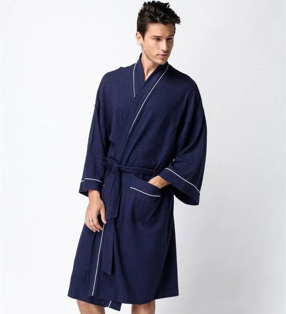 Mens Cotton Thin Waffle Bathrobe Sleepwear Hotel Bath robe Towel Plus Size Women Long White Lounge Nightgown