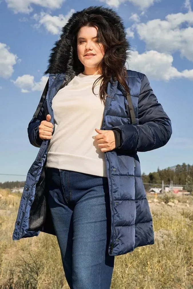 Navy Glossy Long Fitted Vegan Fur Hood Detail Winter Puffer Jacket