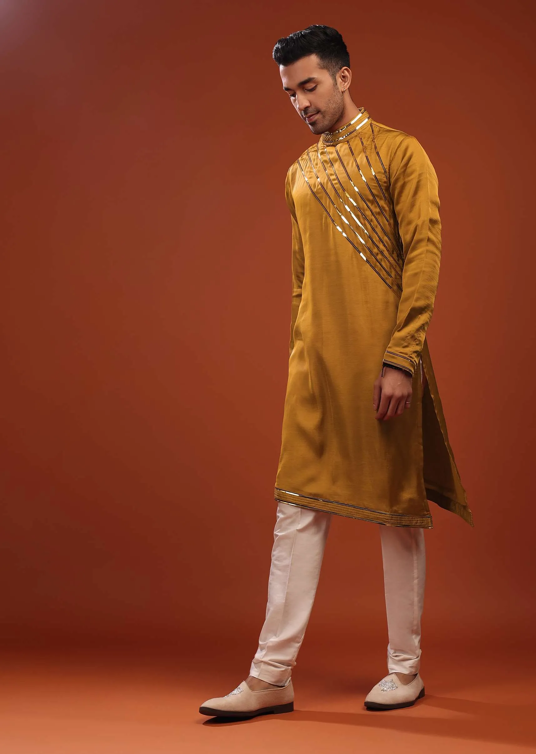 Ocher Yellow Festive Kurta In Mini Silk With Asymmetrical Bottom Cut And Cocktail Look