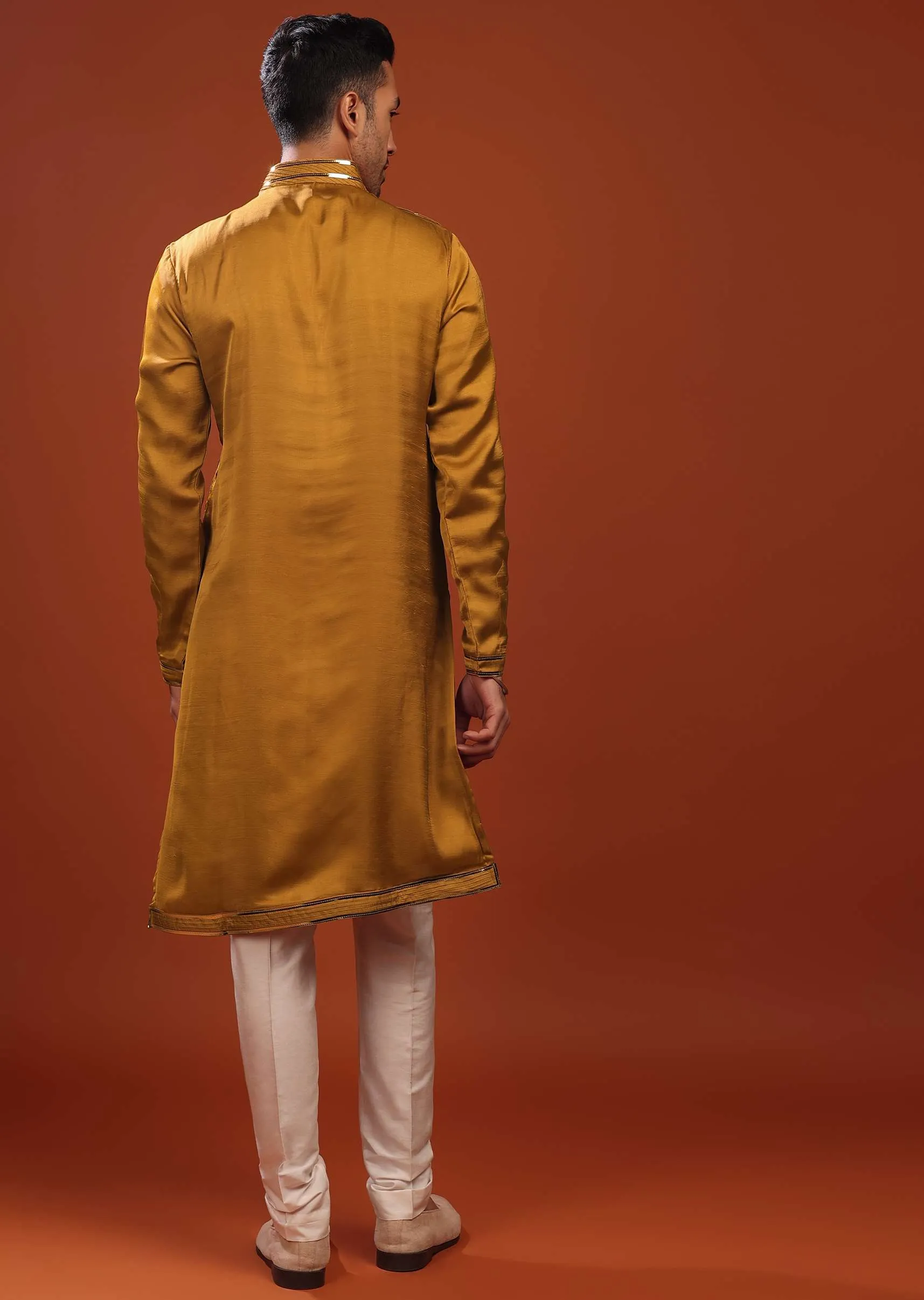 Ocher Yellow Festive Kurta In Mini Silk With Asymmetrical Bottom Cut And Cocktail Look