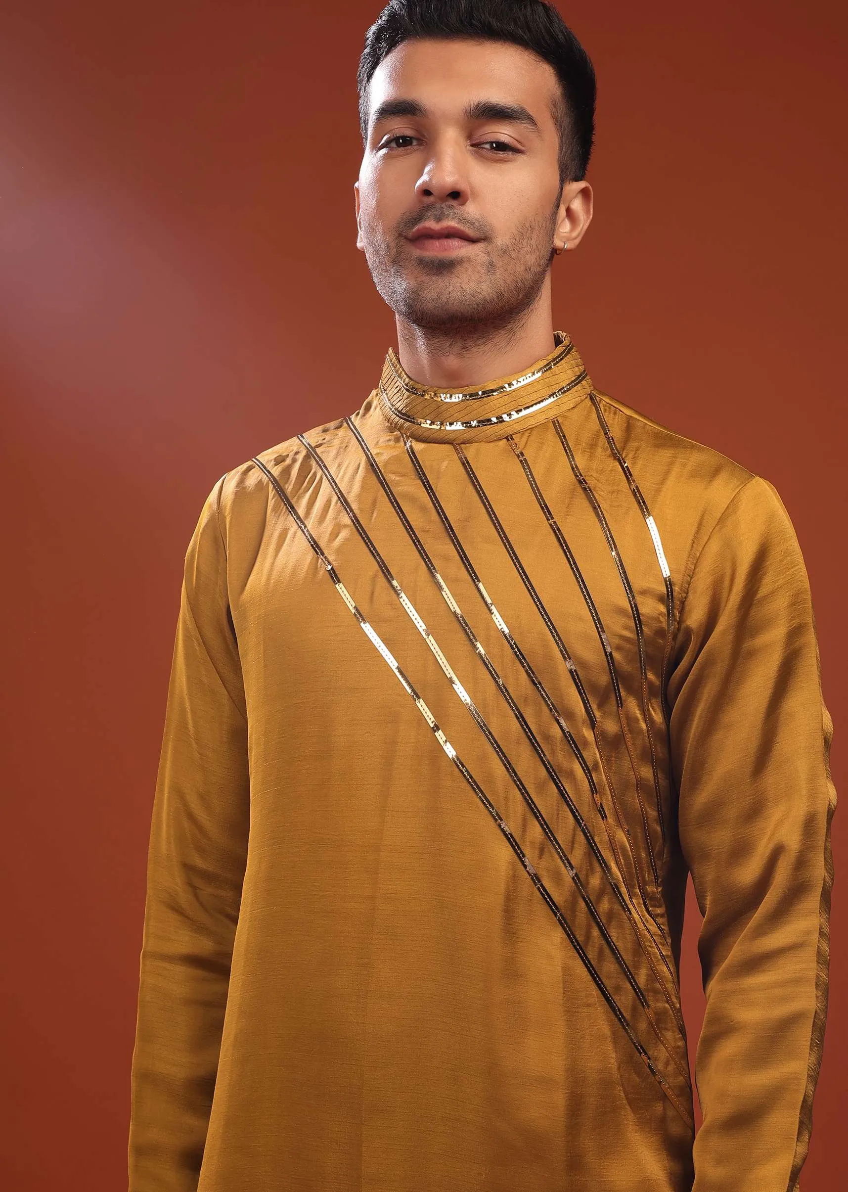 Ocher Yellow Festive Kurta In Mini Silk With Asymmetrical Bottom Cut And Cocktail Look