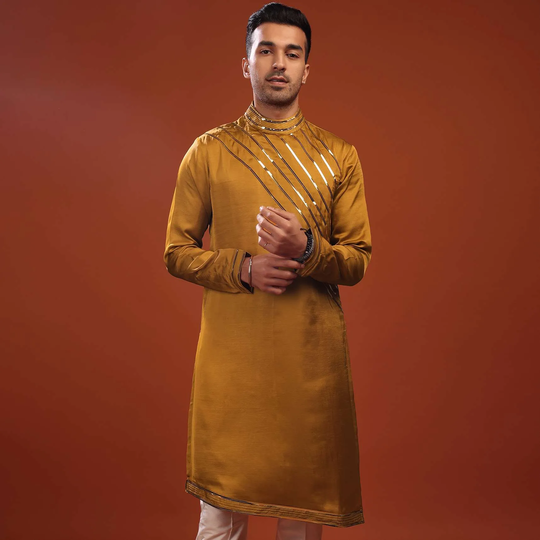 Ocher Yellow Festive Kurta In Mini Silk With Asymmetrical Bottom Cut And Cocktail Look
