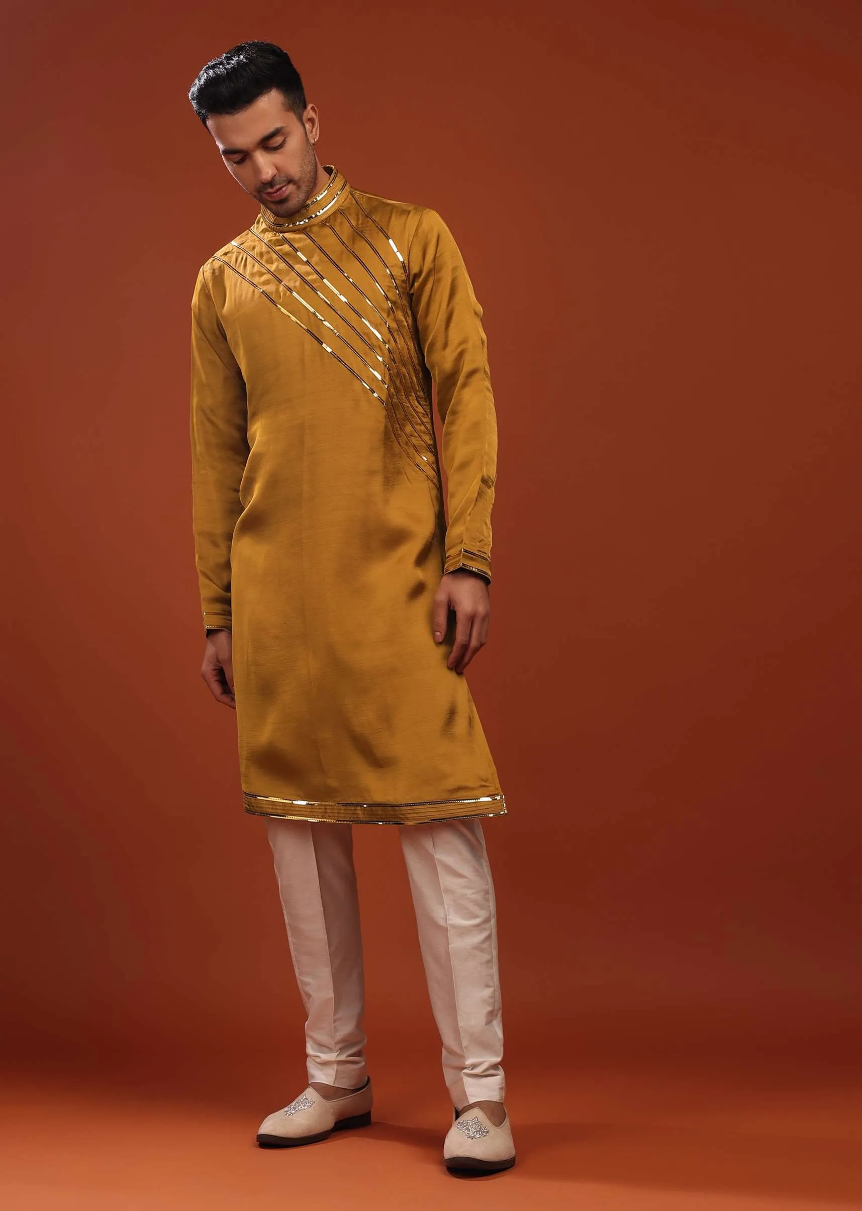 Ocher Yellow Festive Kurta In Mini Silk With Asymmetrical Bottom Cut And Cocktail Look