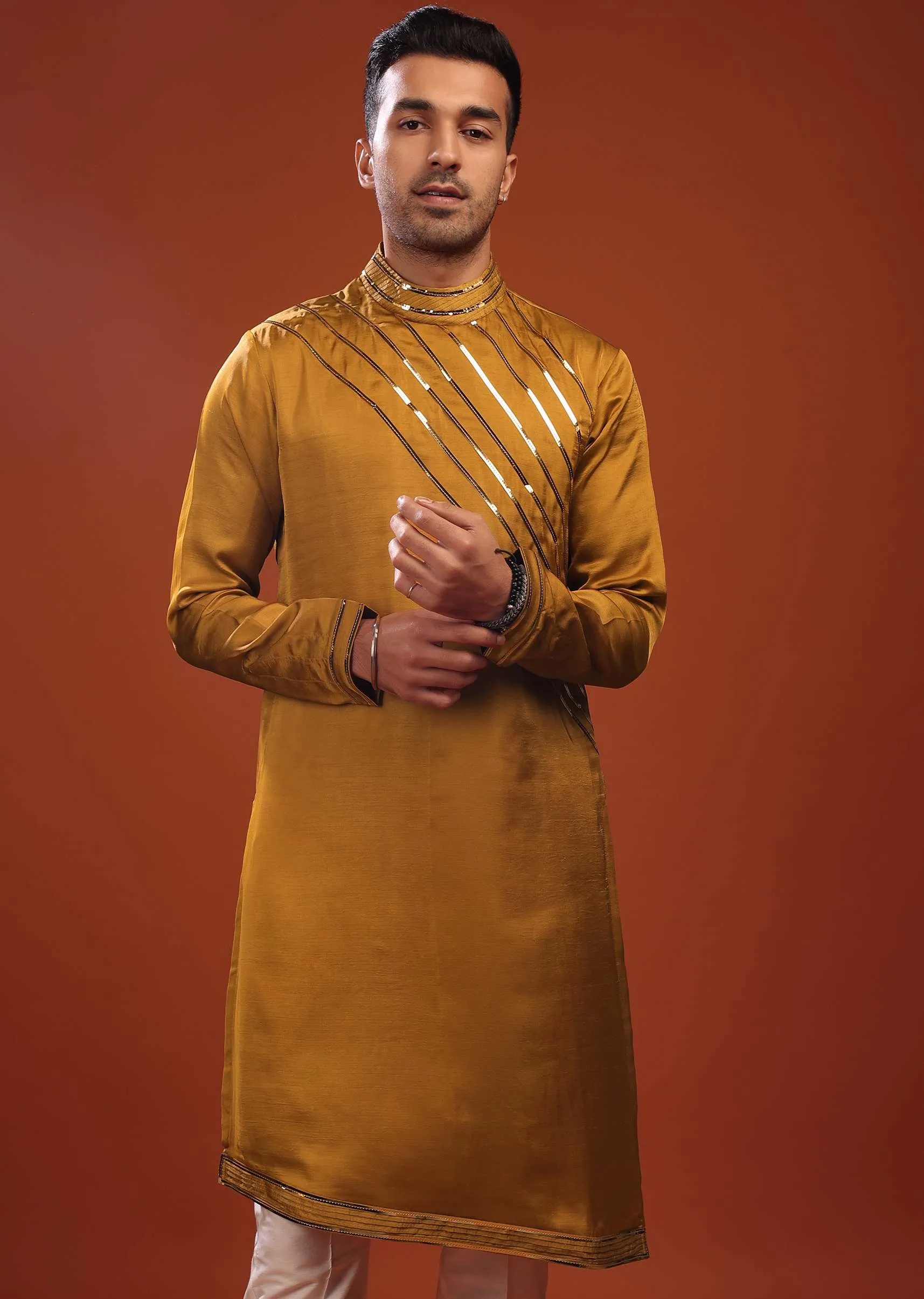 Ocher Yellow Festive Kurta In Mini Silk With Asymmetrical Bottom Cut And Cocktail Look