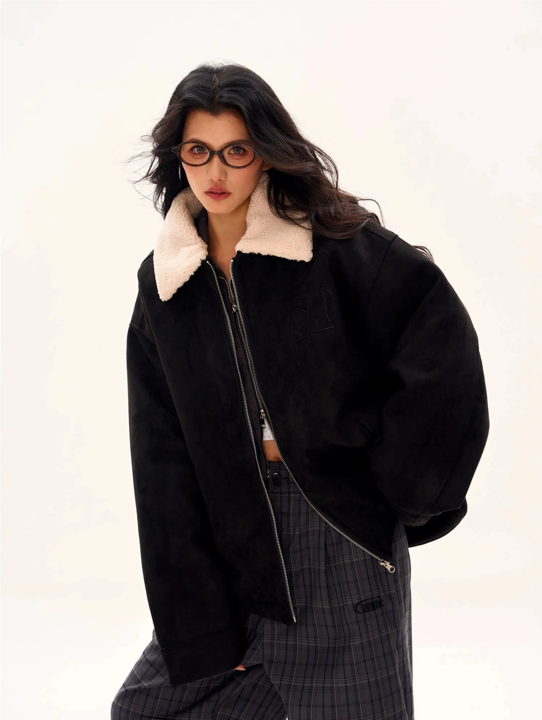 Oversized Contrast Shearling Collar Zip Jacket