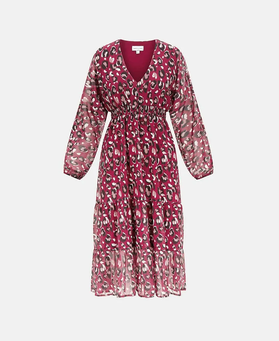 Red Leopard Tiered Chiffon Midi Dress