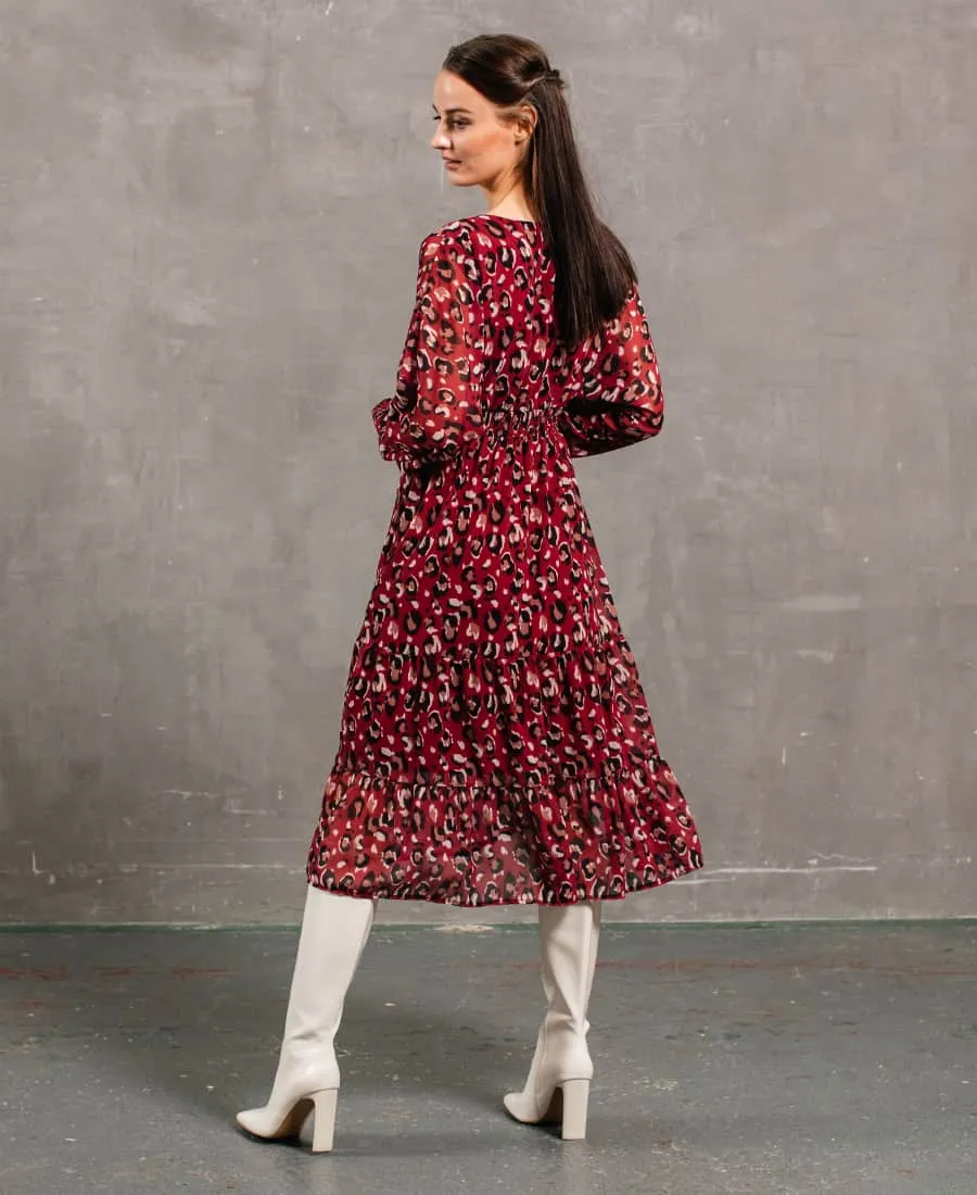 Red Leopard Tiered Chiffon Midi Dress