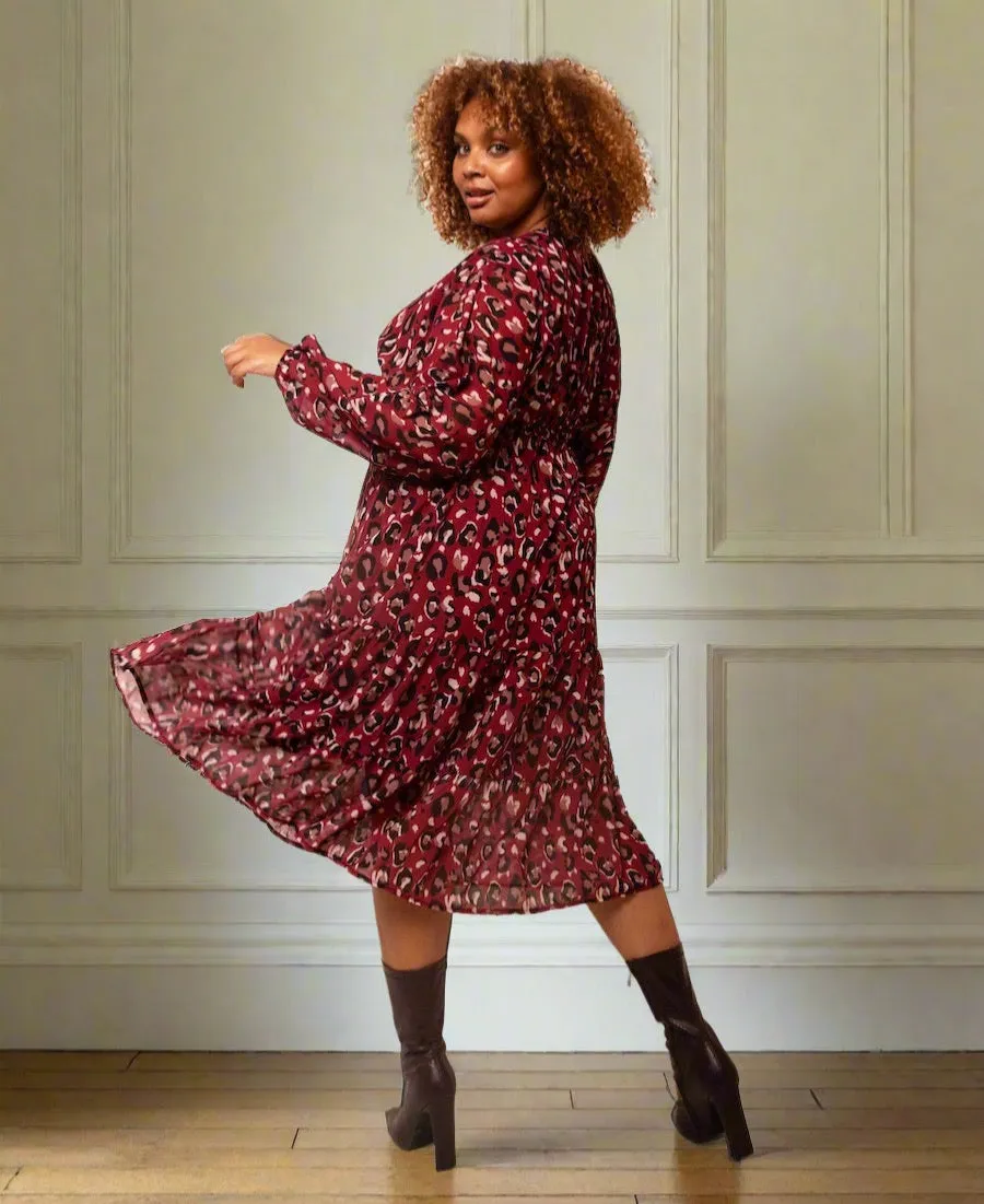 Red Leopard Tiered Chiffon Midi Dress
