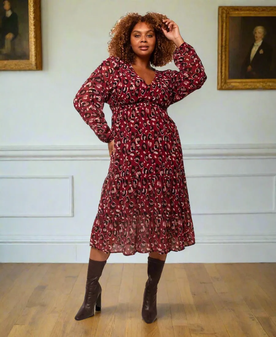 Red Leopard Tiered Chiffon Midi Dress