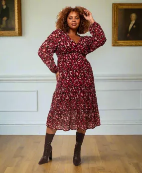 Red Leopard Tiered Chiffon Midi Dress