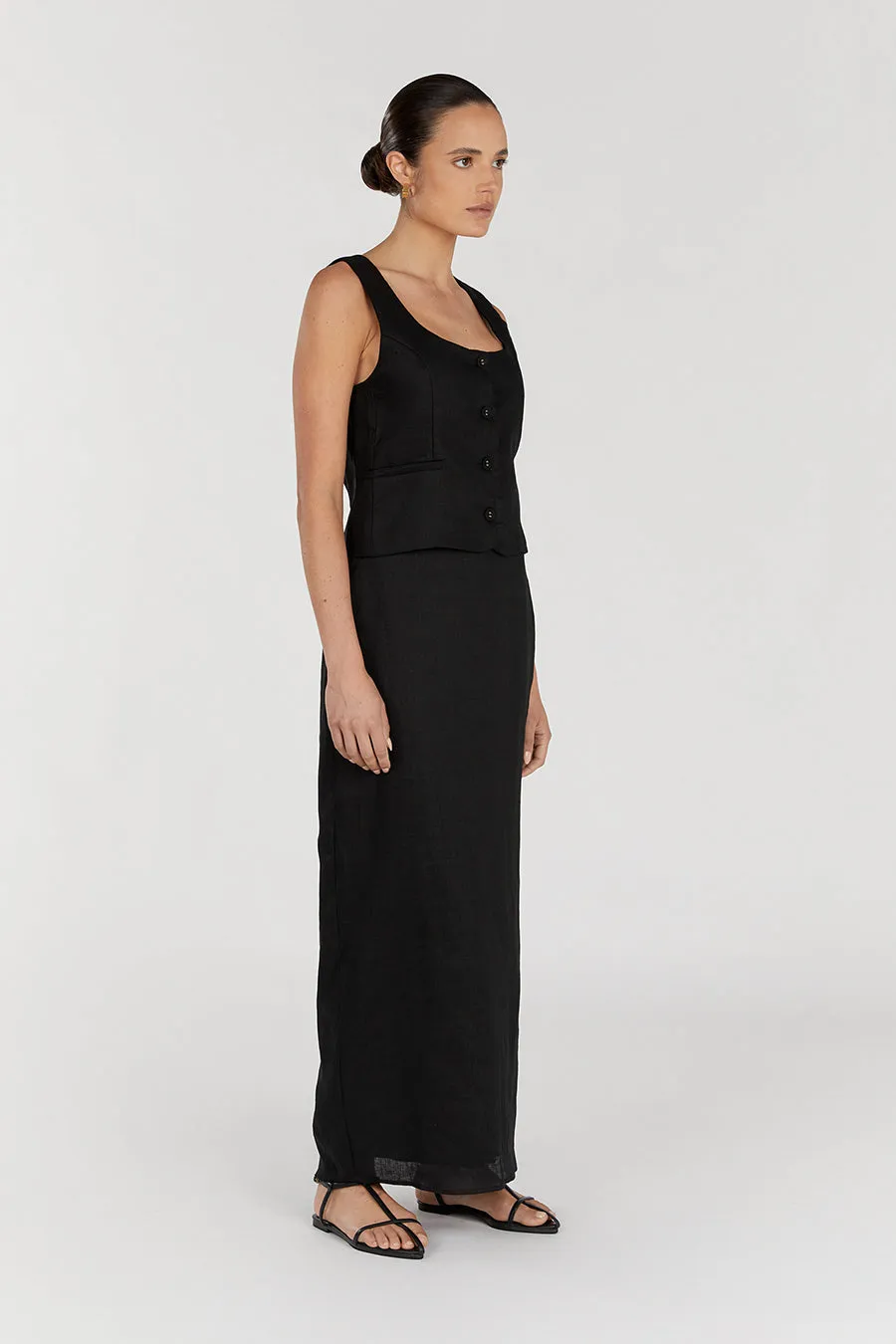 ROBERTS BLACK LINEN MIDI SKIRT