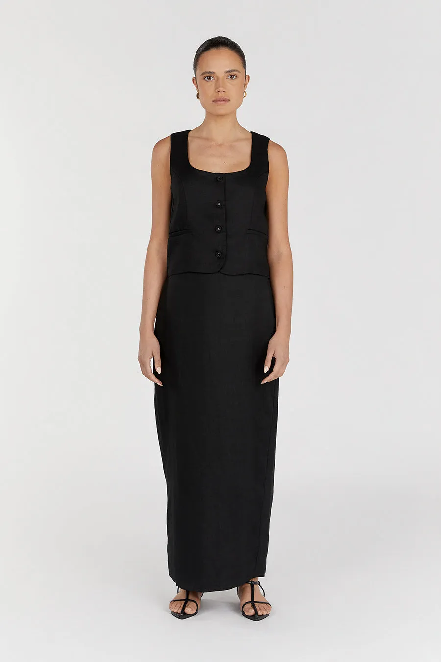 ROBERTS BLACK LINEN MIDI SKIRT