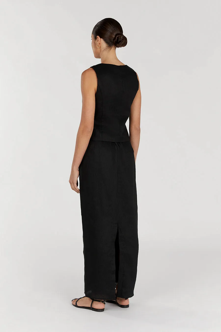 ROBERTS BLACK LINEN MIDI SKIRT