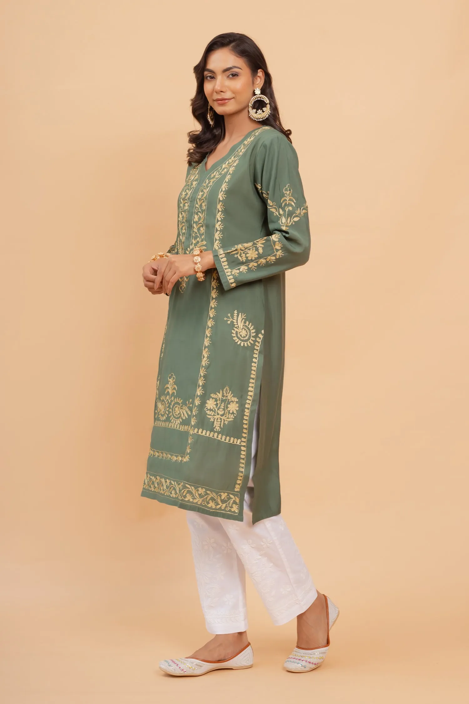 Saba Gold Zari Work Long Kurta In Muslin - Bottle Green