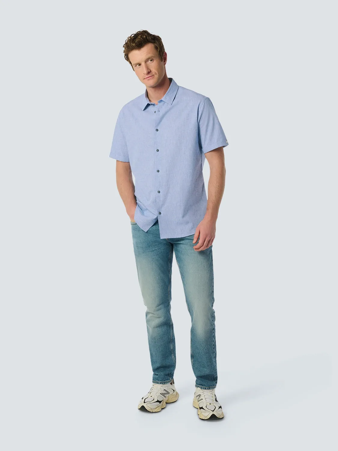 Short-Sleeved Shirt in Two-Colored Cotton-Linen Blend | Cobalt