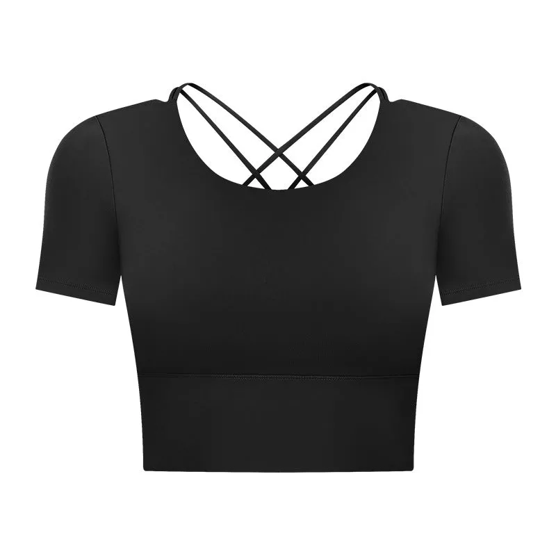 Summer Cropped cropped with Chest Pad Yoga T-shirt Female Hollow-out Beauty Back Outdoor Casual Sports Short Sleeve