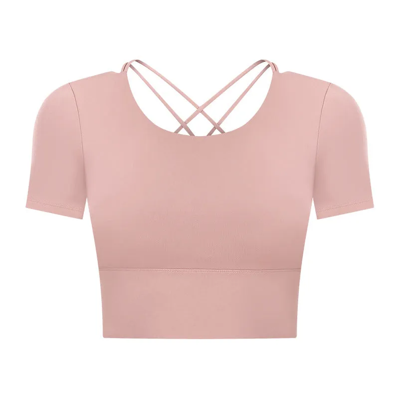 Summer Cropped cropped with Chest Pad Yoga T-shirt Female Hollow-out Beauty Back Outdoor Casual Sports Short Sleeve