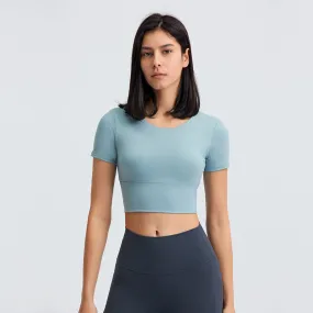 Summer Cropped cropped with Chest Pad Yoga T-shirt Female Hollow-out Beauty Back Outdoor Casual Sports Short Sleeve