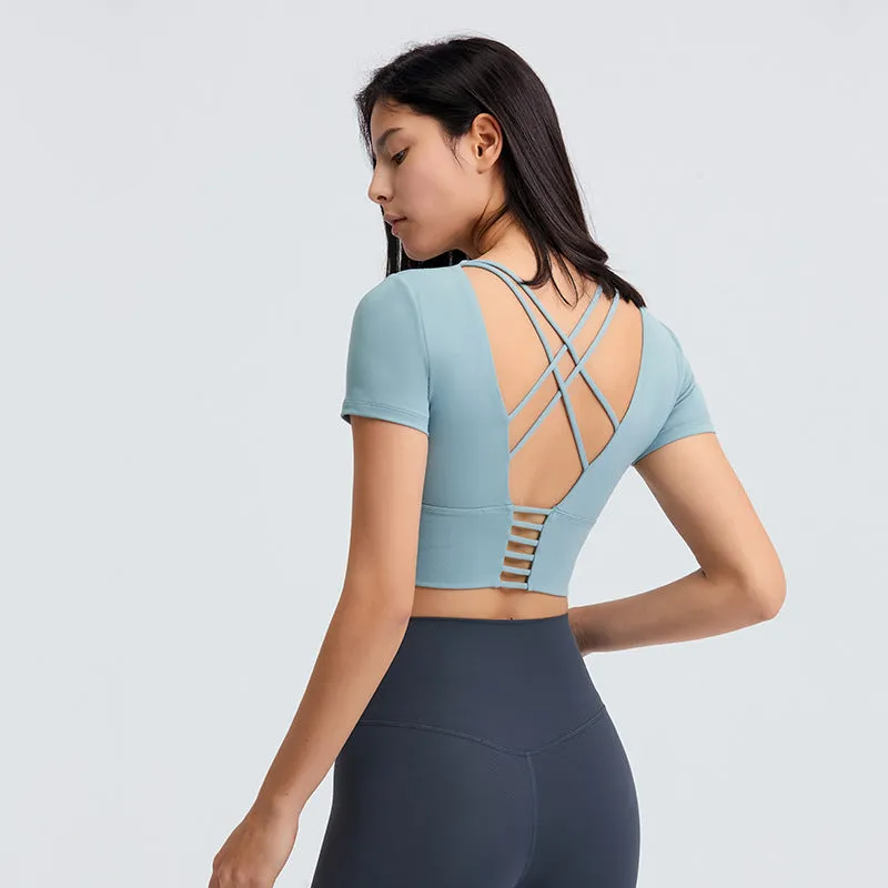 Summer Cropped cropped with Chest Pad Yoga T-shirt Female Hollow-out Beauty Back Outdoor Casual Sports Short Sleeve