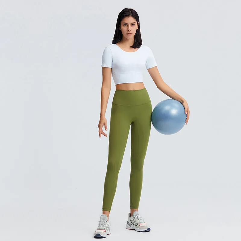 Summer Cropped cropped with Chest Pad Yoga T-shirt Female Hollow-out Beauty Back Outdoor Casual Sports Short Sleeve