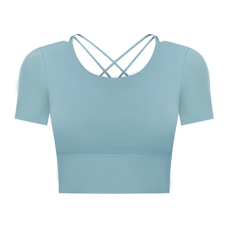 Summer Cropped cropped with Chest Pad Yoga T-shirt Female Hollow-out Beauty Back Outdoor Casual Sports Short Sleeve