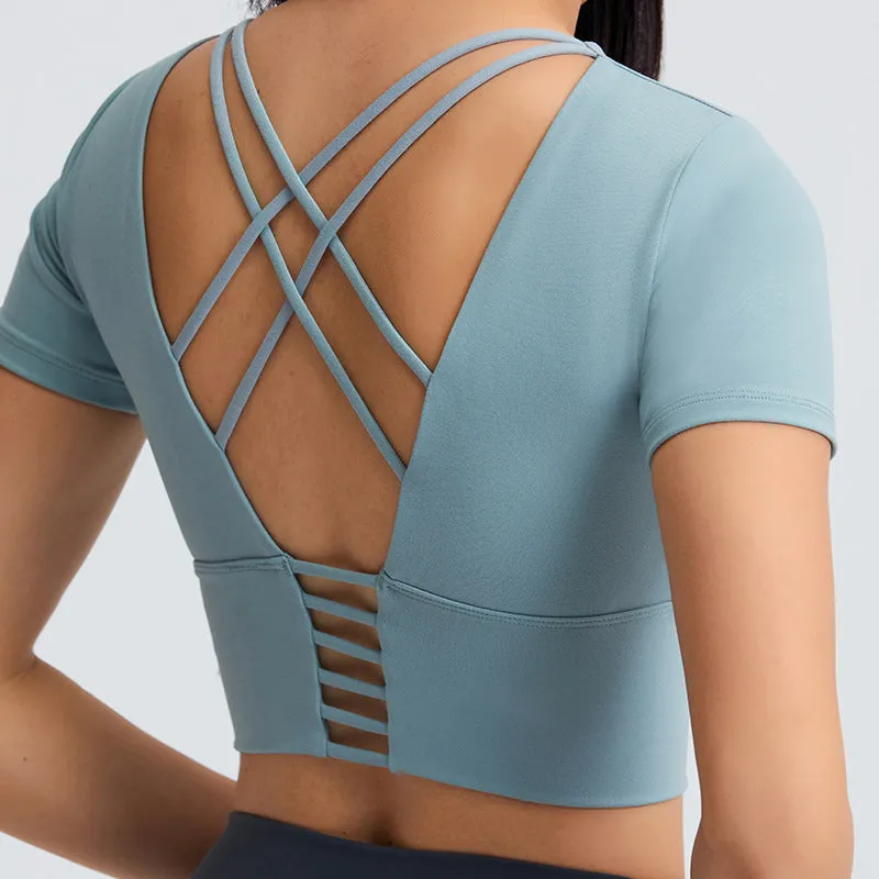 Summer Cropped cropped with Chest Pad Yoga T-shirt Female Hollow-out Beauty Back Outdoor Casual Sports Short Sleeve