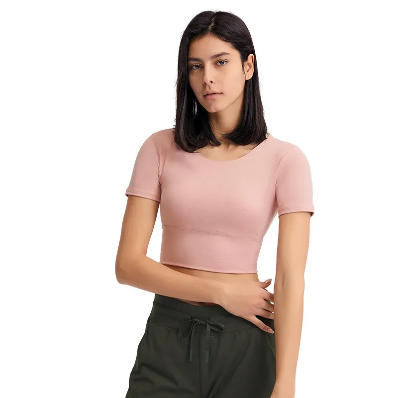 Summer Cropped cropped with Chest Pad Yoga T-shirt Female Hollow-out Beauty Back Outdoor Casual Sports Short Sleeve