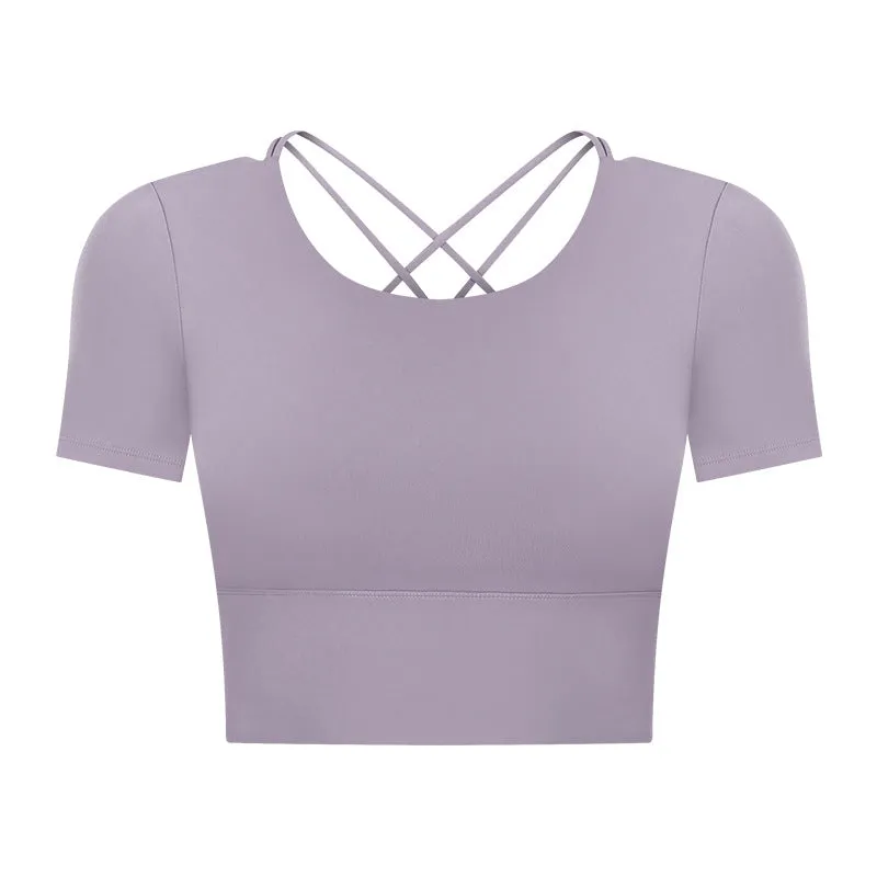 Summer Cropped cropped with Chest Pad Yoga T-shirt Female Hollow-out Beauty Back Outdoor Casual Sports Short Sleeve