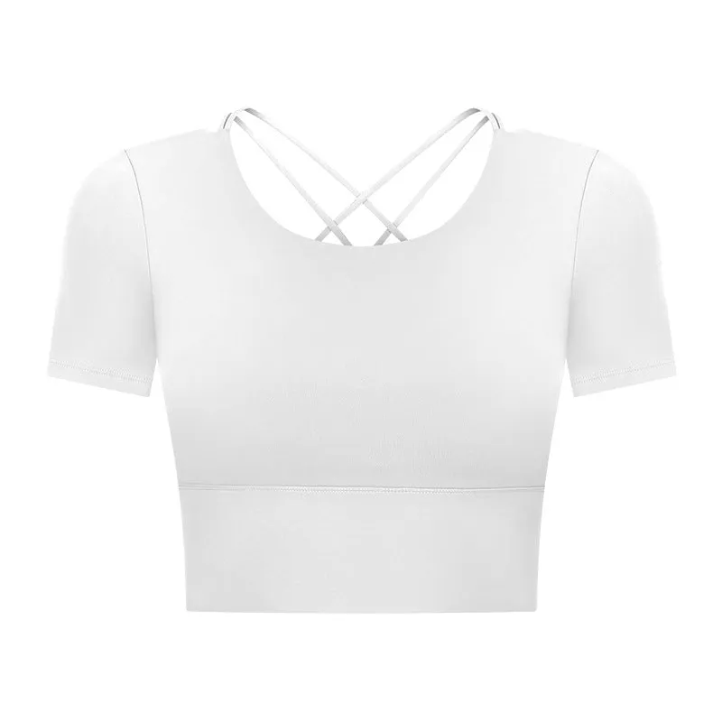 Summer Cropped cropped with Chest Pad Yoga T-shirt Female Hollow-out Beauty Back Outdoor Casual Sports Short Sleeve