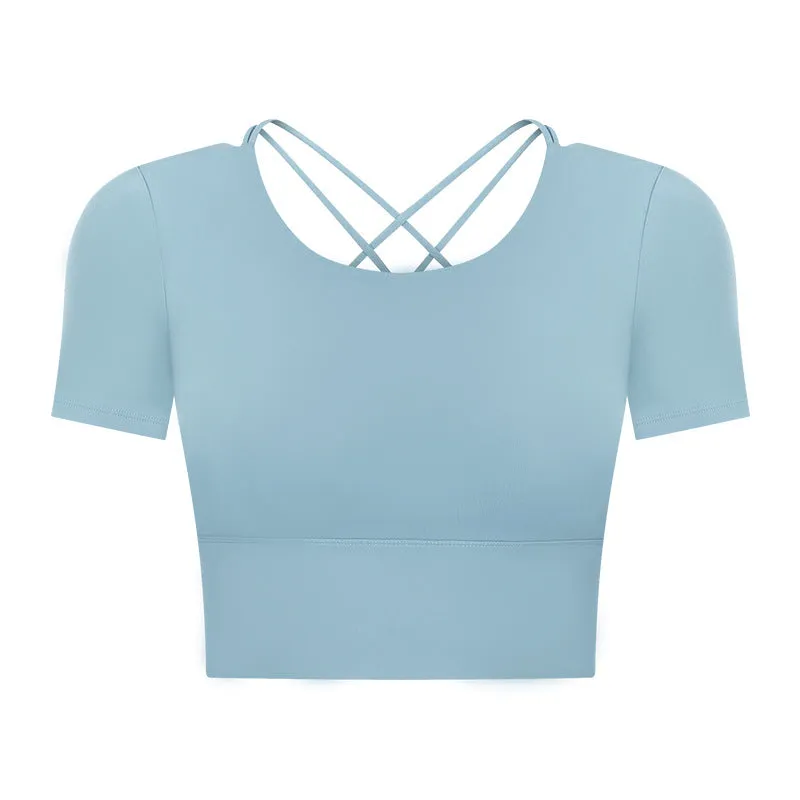 Summer Cropped cropped with Chest Pad Yoga T-shirt Female Hollow-out Beauty Back Outdoor Casual Sports Short Sleeve