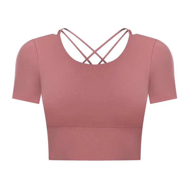 Summer Cropped cropped with Chest Pad Yoga T-shirt Female Hollow-out Beauty Back Outdoor Casual Sports Short Sleeve