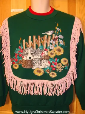 Tacky Christmas Sweatshirt 80s Dog Kittens in a Basket