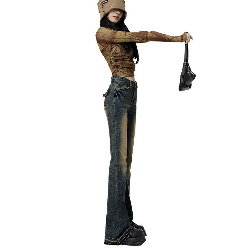 Uniwim 2000s fashion Vintage Washed Jeans Women's High Waist Skinny 2024 New Autumn American Style Frayed Flared Horseshoe Pants