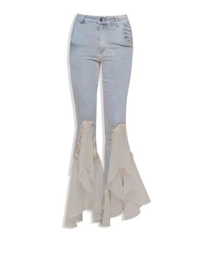 Uniwim mens fashion Light-Colored Mesh Stitching Split Skinny Jeans for Women Spring and Autumn 2024 New Elastic Slim Slimming Flared Pants