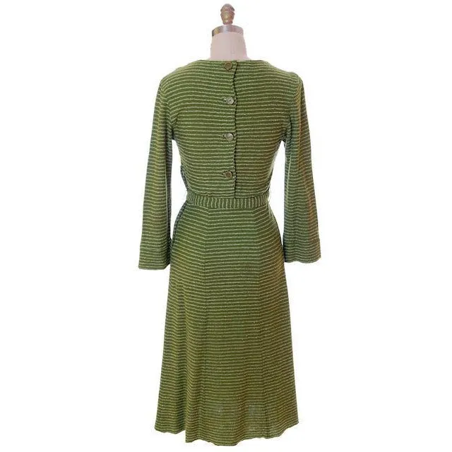 Vintage Green Striped Wool Knit Dress 1940s Sacony 32-25-36